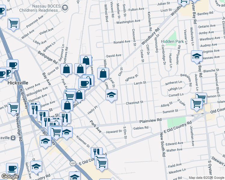 map of restaurants, bars, coffee shops, grocery stores, and more near 91 Center Street in Hicksville