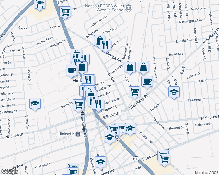 map of restaurants, bars, coffee shops, grocery stores, and more near 85 Lenox Avenue in Hicksville