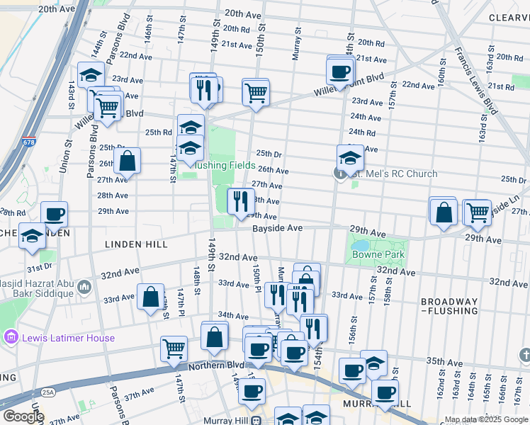 map of restaurants, bars, coffee shops, grocery stores, and more near 150-55 28th Avenue in Queens