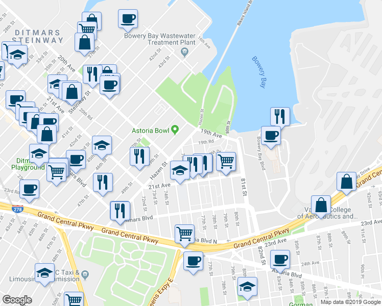 map of restaurants, bars, coffee shops, grocery stores, and more near 77-15 19th Road in Queens