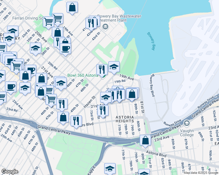 map of restaurants, bars, coffee shops, grocery stores, and more near 19-52 Hazen Street in Queens