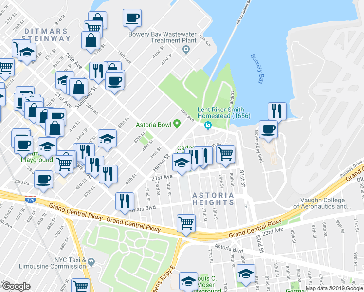 map of restaurants, bars, coffee shops, grocery stores, and more near 19-52 Hazen Street in Queens