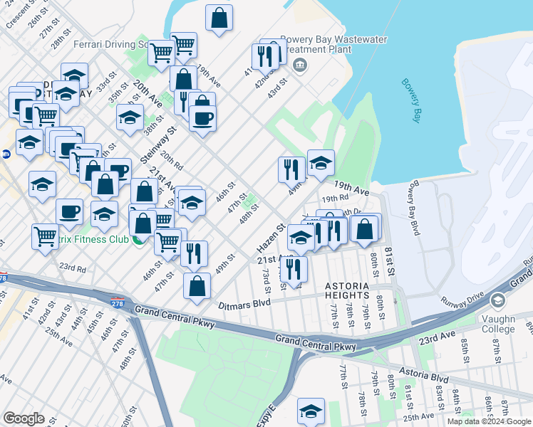 map of restaurants, bars, coffee shops, grocery stores, and more near 48-11 20th Avenue in Queens