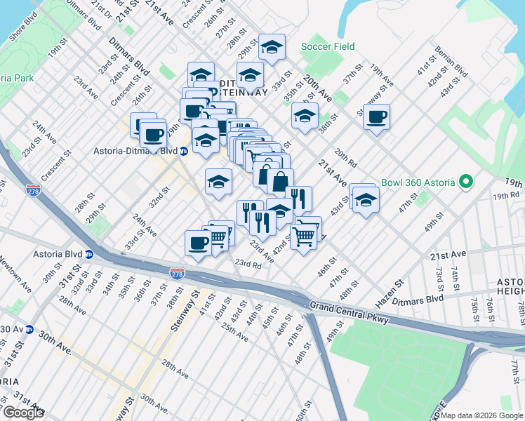 map of restaurants, bars, coffee shops, grocery stores, and more near 2200 38th Street in Queens
