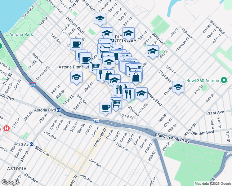 map of restaurants, bars, coffee shops, grocery stores, and more near 22-55 36th Street in Queens