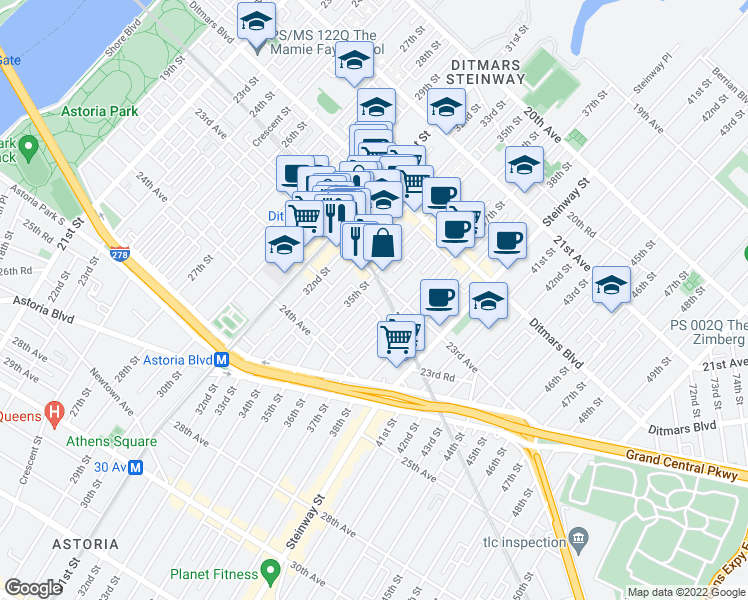map of restaurants, bars, coffee shops, grocery stores, and more near 35-01 23rd Avenue in Queens