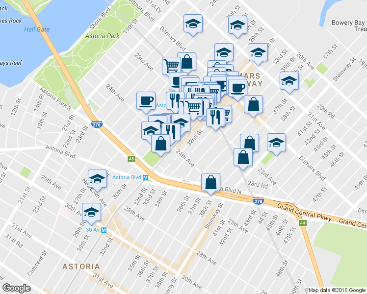 map of restaurants, bars, coffee shops, grocery stores, and more near 23-53 31st Street in Queens