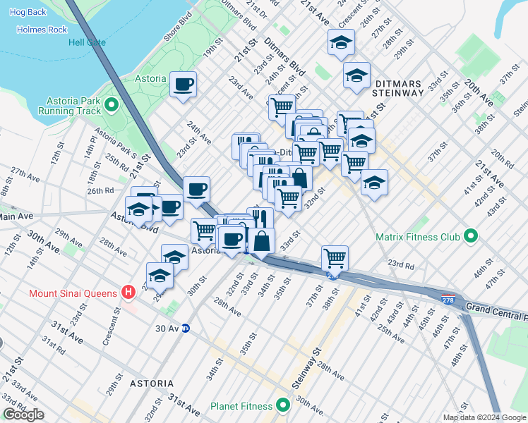 map of restaurants, bars, coffee shops, grocery stores, and more near 28-12 24th Avenue in Queens