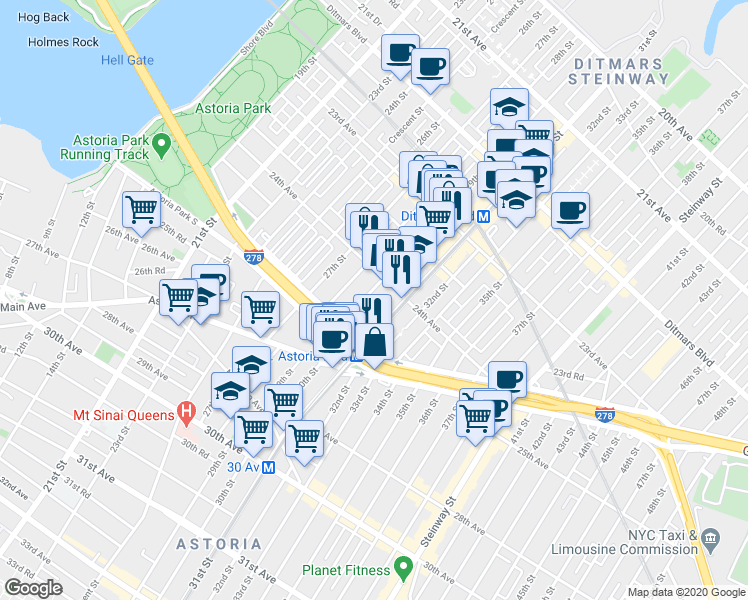 map of restaurants, bars, coffee shops, grocery stores, and more near in Queens
