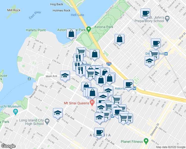 map of restaurants, bars, coffee shops, grocery stores, and more near 25-52 22nd Street in Queens