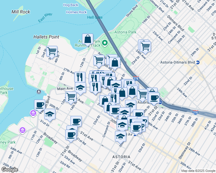 map of restaurants, bars, coffee shops, grocery stores, and more near 18-38 26th Road in Queens