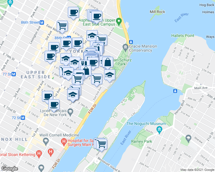 map of restaurants, bars, coffee shops, grocery stores, and more near in New York