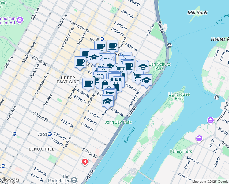 map of restaurants, bars, coffee shops, grocery stores, and more near 451 East 81st Street in New York
