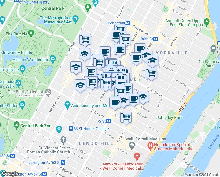 map of restaurants, bars, coffee shops, grocery stores, and more near 205 East 77th Street in New York