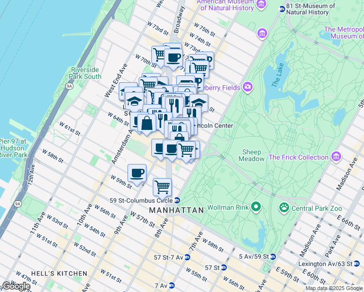 map of restaurants, bars, coffee shops, grocery stores, and more near Lincoln Center Plaza in New York