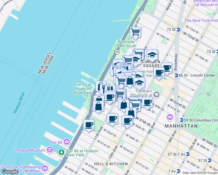 map of restaurants, bars, coffee shops, grocery stores, and more near 10 Riverside Boulevard in New York