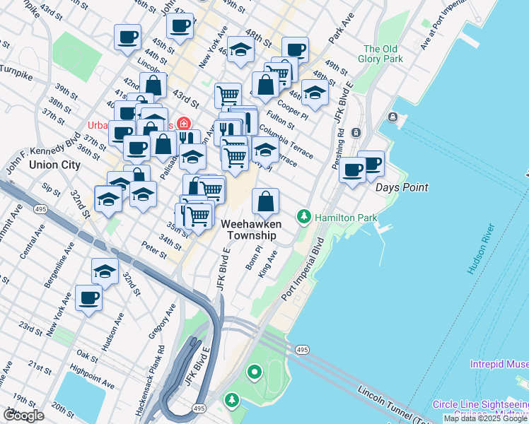 map of restaurants, bars, coffee shops, grocery stores, and more near 180 Highwood Avenue in Weehawken