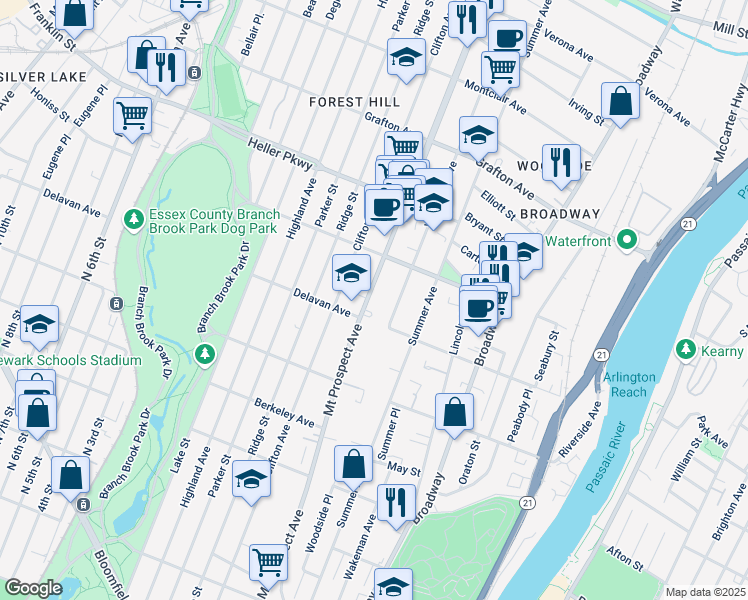 map of restaurants, bars, coffee shops, grocery stores, and more near 612 Mount Prospect Avenue in Newark