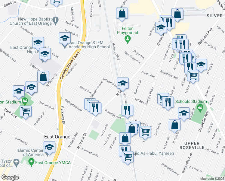 map of restaurants, bars, coffee shops, grocery stores, and more near 27 Lafayette Avenue in East Orange