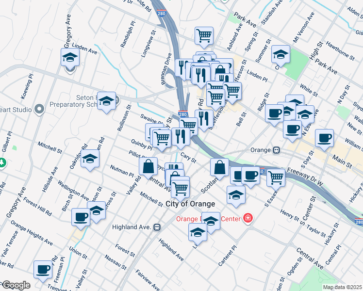map of restaurants, bars, coffee shops, grocery stores, and more near 415 Valley Road in West Orange