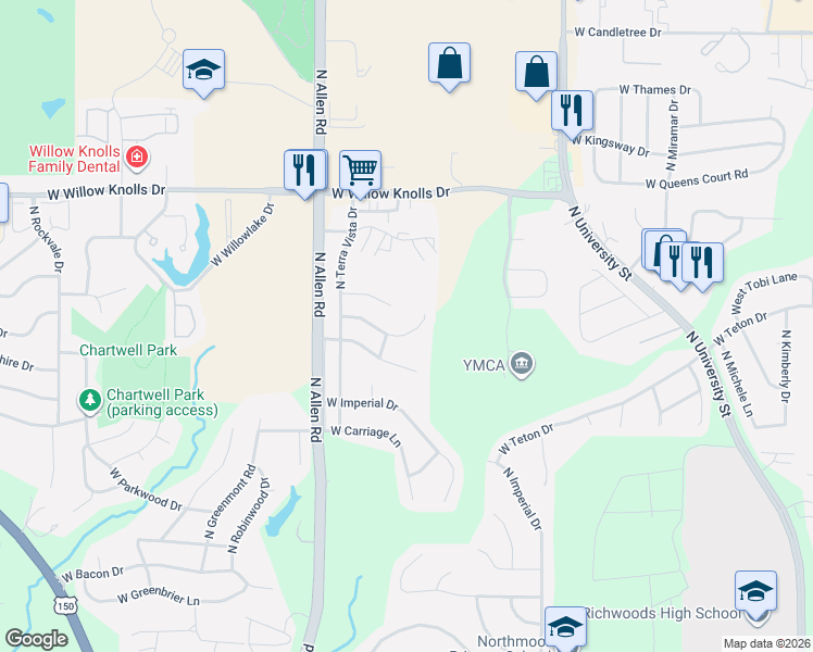 map of restaurants, bars, coffee shops, grocery stores, and more near 2400 West Cabana Court in Peoria