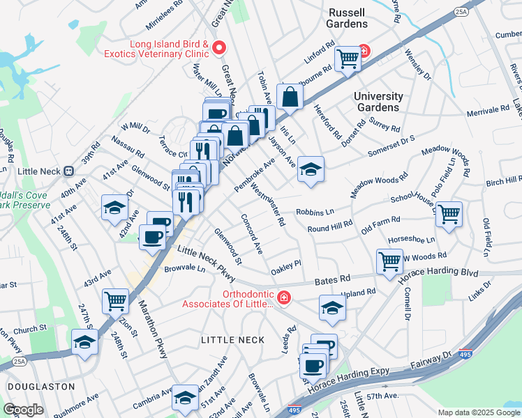 map of restaurants, bars, coffee shops, grocery stores, and more near 77 Westminster Road in Great Neck