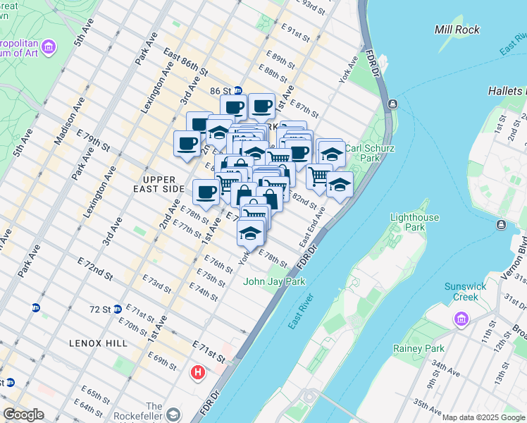 map of restaurants, bars, coffee shops, grocery stores, and more near 445 East 80th Street in New York