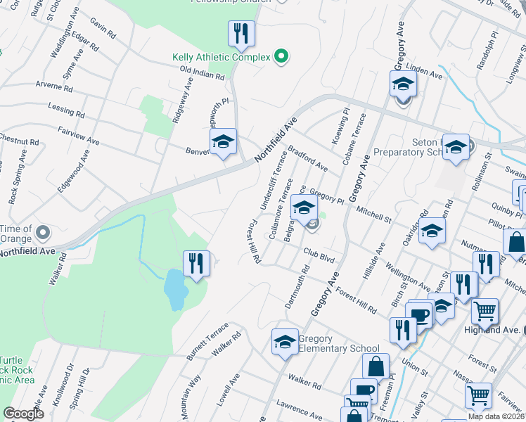 map of restaurants, bars, coffee shops, grocery stores, and more near 12 Rock Spring Road in West Orange