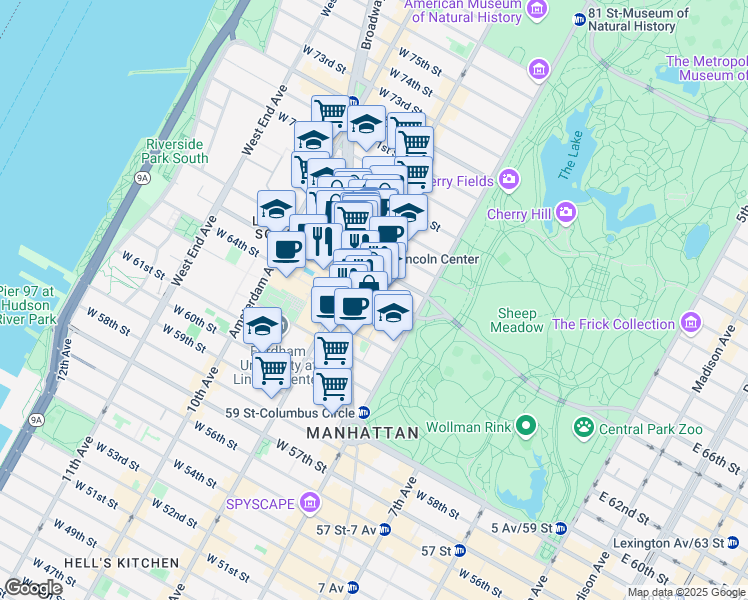 map of restaurants, bars, coffee shops, grocery stores, and more near 44 West 65th Street in New York