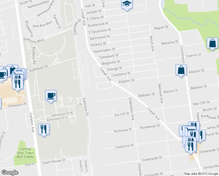 map of restaurants, bars, coffee shops, grocery stores, and more near 68 Julie Crescent in Central Islip