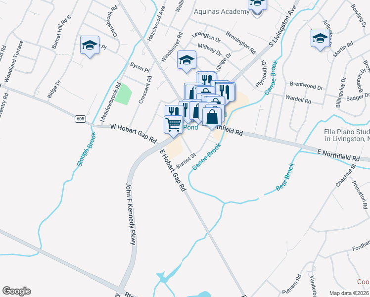 map of restaurants, bars, coffee shops, grocery stores, and more near 13 East Harrison Place in Livingston
