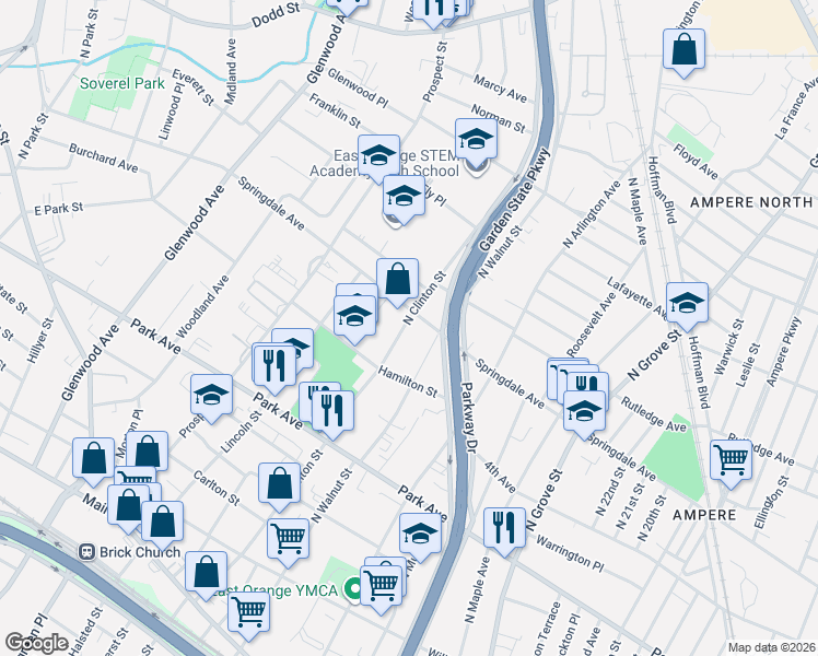 map of restaurants, bars, coffee shops, grocery stores, and more near in East Orange