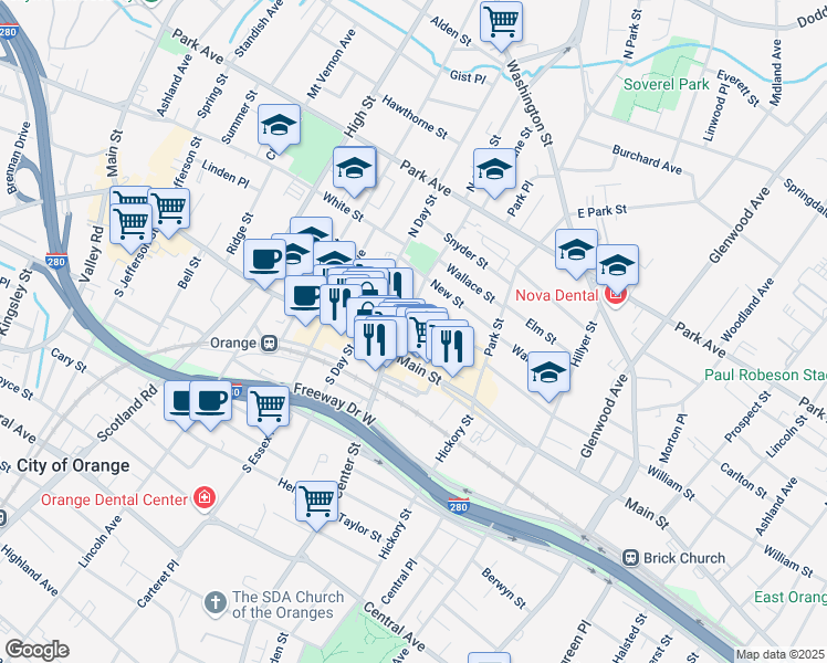 map of restaurants, bars, coffee shops, grocery stores, and more near 48 North Center Street in City of Orange