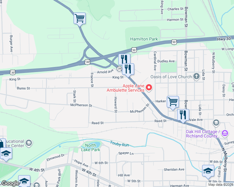map of restaurants, bars, coffee shops, grocery stores, and more near 494-498 Burns St in Mansfield