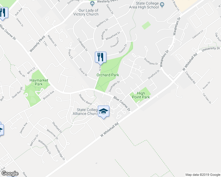 map of restaurants, bars, coffee shops, grocery stores, and more near 981 Southgate Drive in State College
