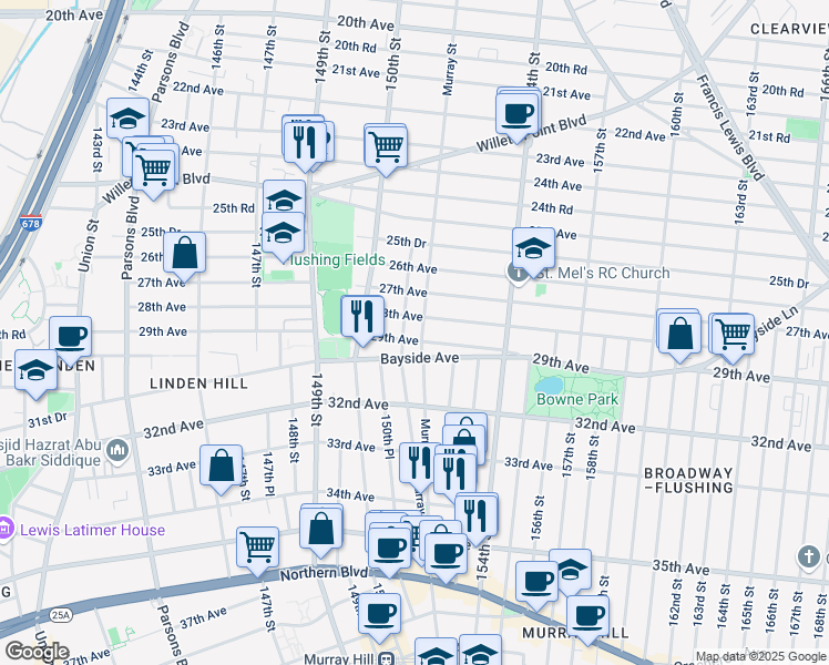 map of restaurants, bars, coffee shops, grocery stores, and more near 150-55 28th Avenue in Queens