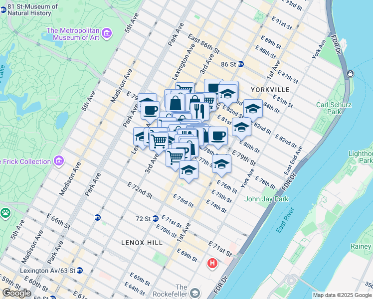 map of restaurants, bars, coffee shops, grocery stores, and more near 251 East 77th Street in New York