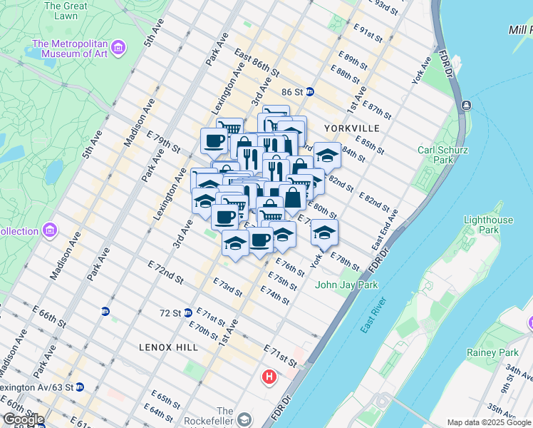 map of restaurants, bars, coffee shops, grocery stores, and more near 321 East 78th Street in New York
