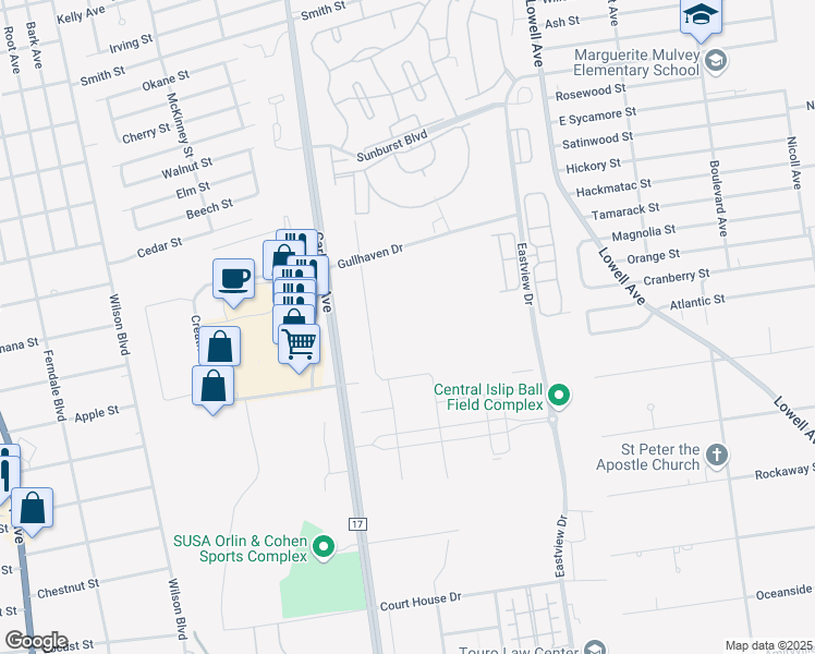 map of restaurants, bars, coffee shops, grocery stores, and more near 725 Eastview Drive in Central Islip