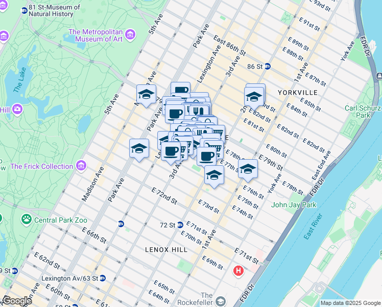 map of restaurants, bars, coffee shops, grocery stores, and more near 205 East 76th Street in New York