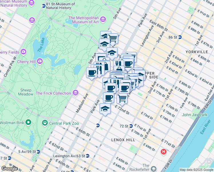 map of restaurants, bars, coffee shops, grocery stores, and more near 103 East 74th Street in New York