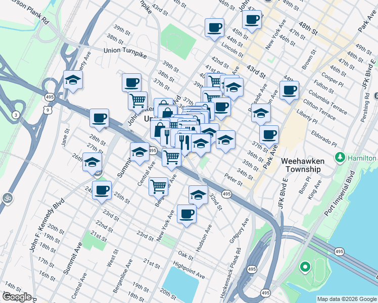map of restaurants, bars, coffee shops, grocery stores, and more near 3208 Bergenline Avenue in Union City