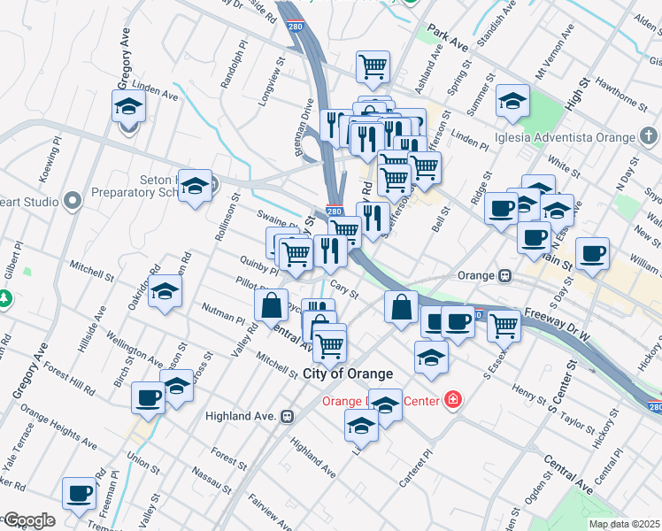 map of restaurants, bars, coffee shops, grocery stores, and more near 415 Valley Road in West Orange