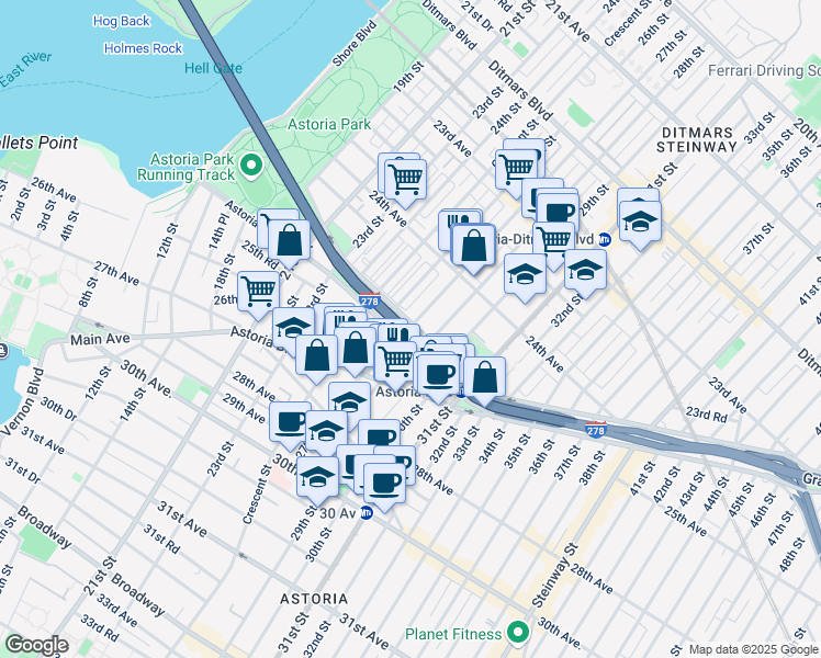 map of restaurants, bars, coffee shops, grocery stores, and more near Robert F. Kennedy Bridge Trail in Queens