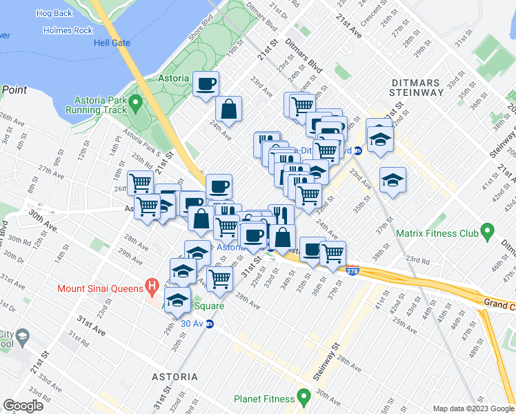 map of restaurants, bars, coffee shops, grocery stores, and more near 24-49 28th Street in Queens