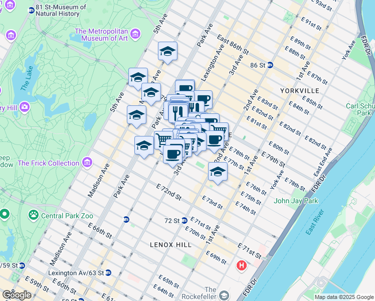 map of restaurants, bars, coffee shops, grocery stores, and more near 196 East 76th Street in New York