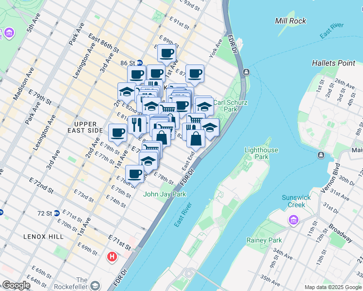 map of restaurants, bars, coffee shops, grocery stores, and more near 506 East 82nd Street in New York