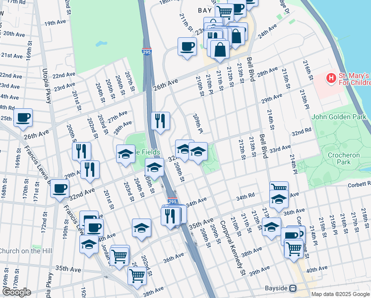 map of restaurants, bars, coffee shops, grocery stores, and more near 208-23 30th Avenue in Queens