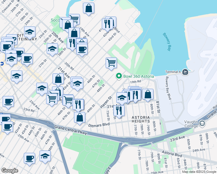 map of restaurants, bars, coffee shops, grocery stores, and more near 20-04 49th Street in Queens