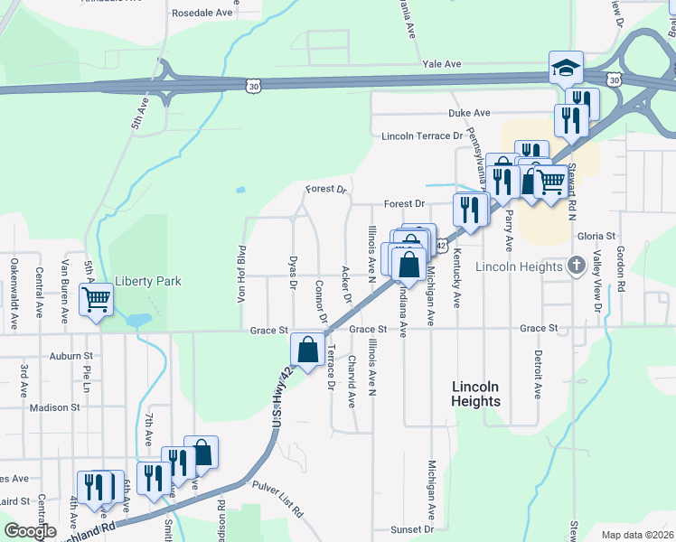 map of restaurants, bars, coffee shops, grocery stores, and more near 519 Acker Drive in Mansfield